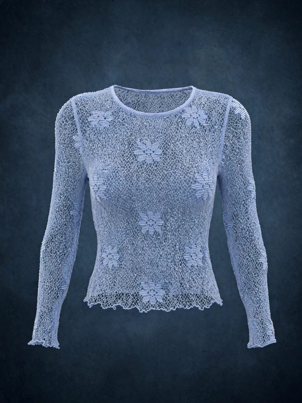 Kismet Light Blue Sheer Floral Lace Long-Sleeve Top